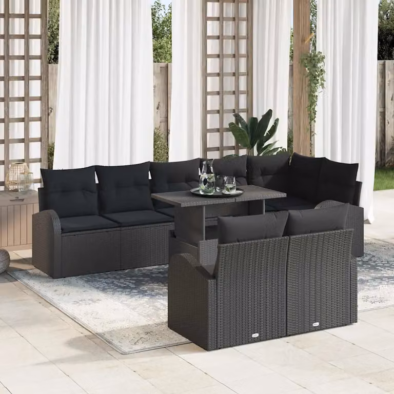 vidaXL Set Divano da Giardino Moderno 9 Pezzi Nero con Cuscini e Tavolino da Esterno in Polyrattan e Acciaio