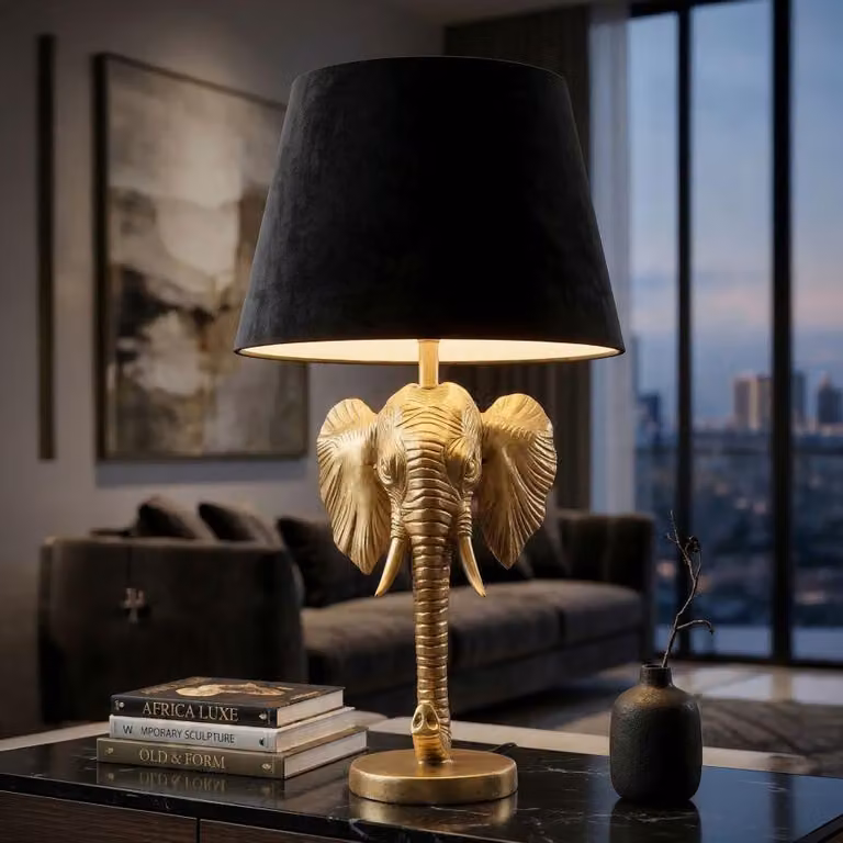 Lampada da tavolo a forma di elefante, in resina, dimensioni 32x59 cm, colore oro e nero, design Mauro Ferretti