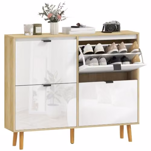 HOMCOM Scarpiera Salvaspazio Slim con 4 Ante 105x24x92.5 cm Bianco Lucido