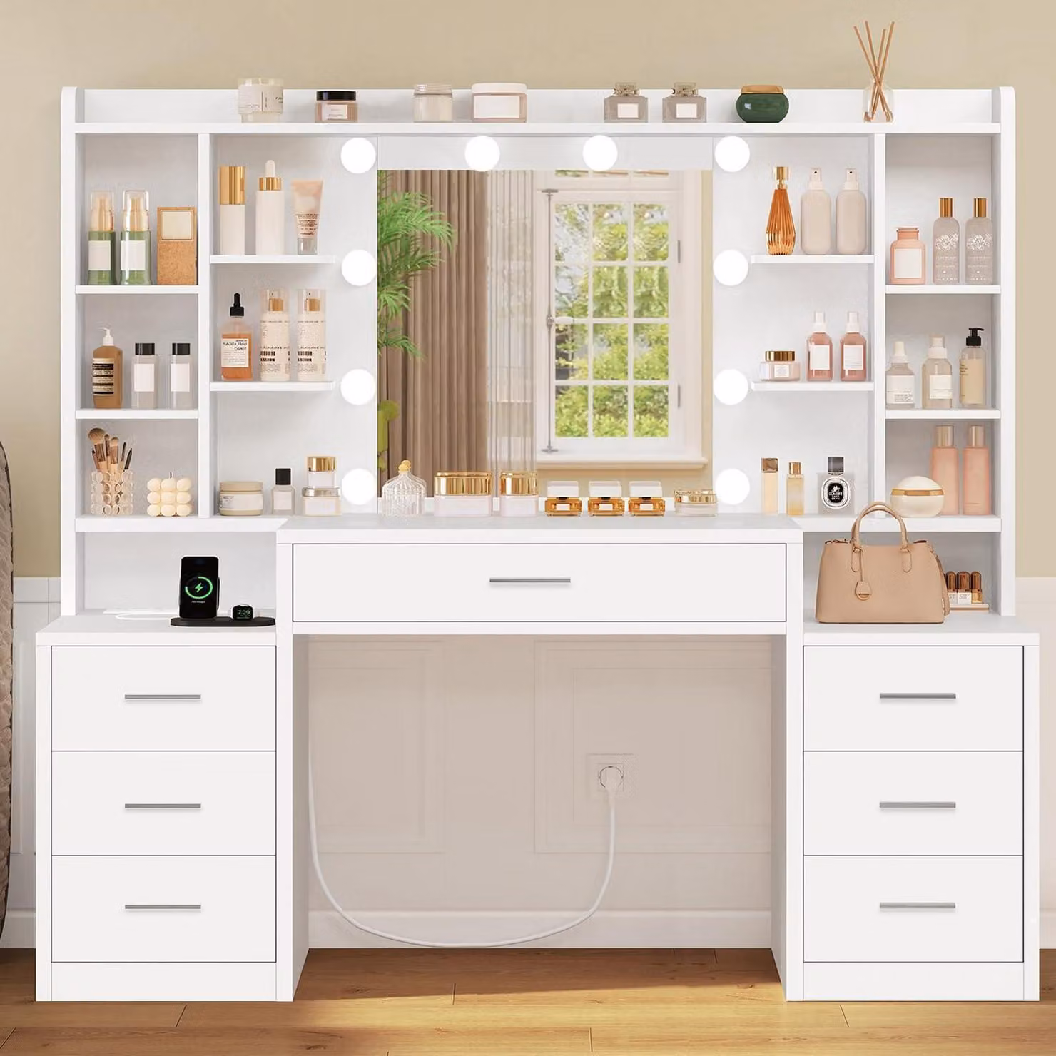 Comò da trucco con illuminazione a LED e specchio, bianco, 7 cassetti + ripiano aperto