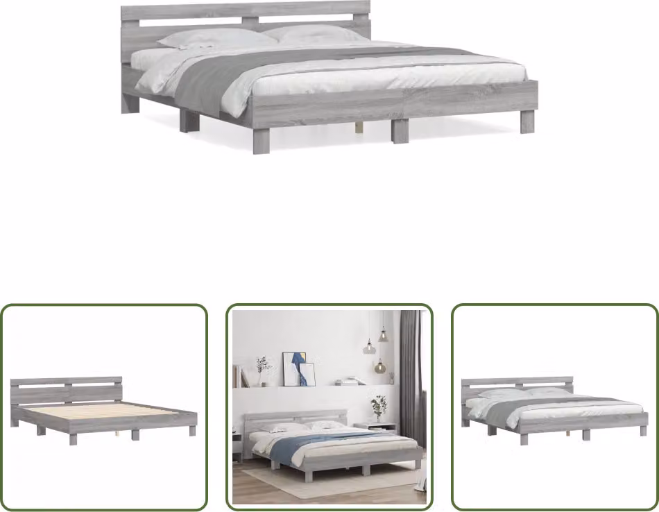 The Living Store Giroletto con testiera grigio Sonoma 180x200 cm in materiale ligneo