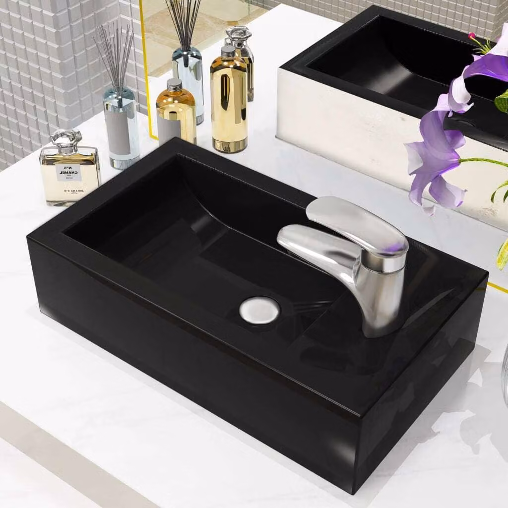 The Living Store Lavabo rettangolare + foro per rubinetto in Vetroceramica nera 46x25,5x12 cm
