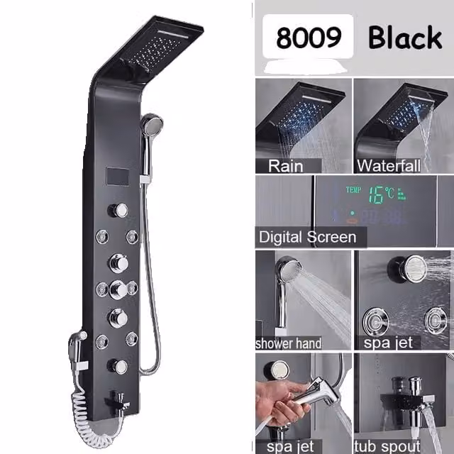 Pannello doccia design a cascata, getti massaggianti e miscelatore bidet, nero 8009