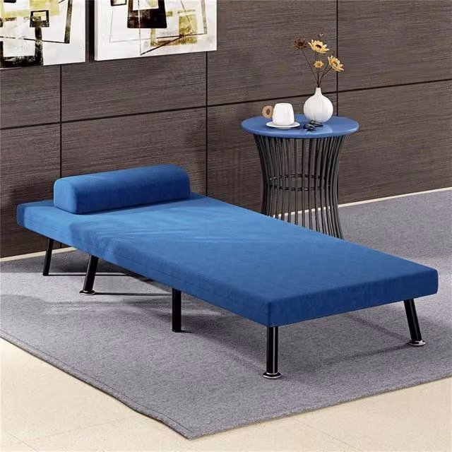 POLTRONA LETTO CON SCHIENALE REGOLABILE IN 5 POSIZIONI IN TESSUTO EFFETTO LINO E ACCIAIO 75X70X75 CM BLU SCURO