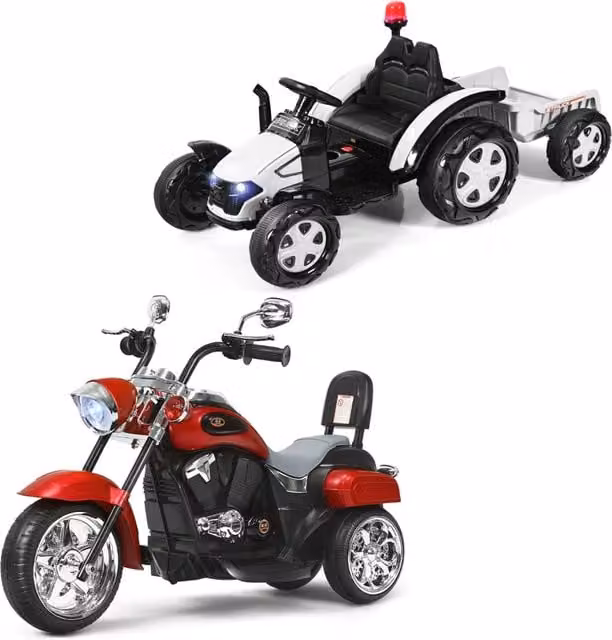 Moto in stile chopper per bambini e trattore elettrico per bambini, Moto cavalcabile alimentata a batteria e trattore giocattolo