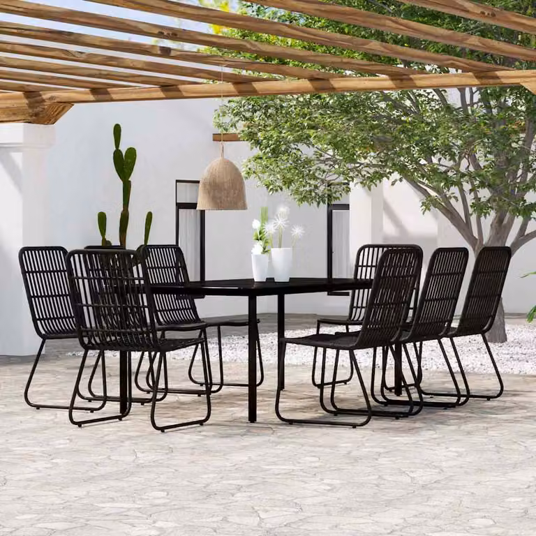 Set da pranzo per giardino e terrazzo vidaXL in metallo e vetro nero con 9 pezzi e cuscini