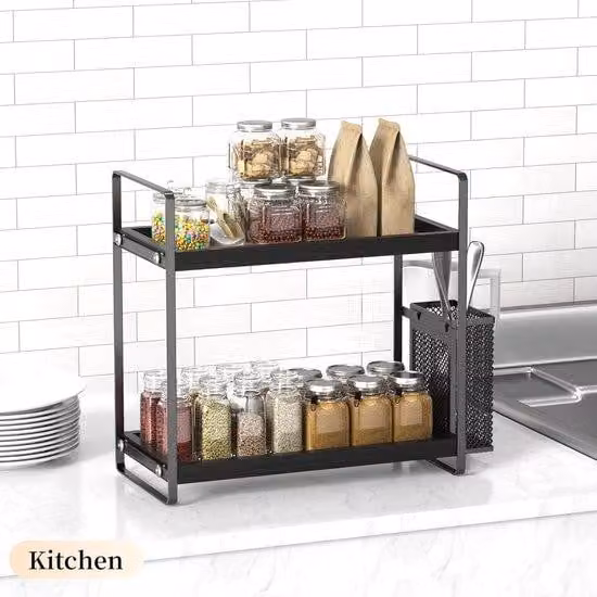 Ibenzoa® Organizer interno con tasca laterale – Contenitore per pettini, pennelli da trucco, spazzolini e posate, nero, legno/metallo, adatto per bagno, cucina e tavolo da trucco