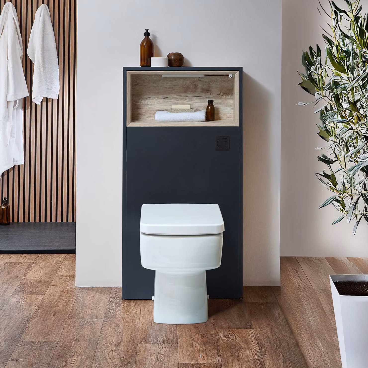 Mobile per WC da 600mm Completo di Sanitario a Filo Muro Exton con Pulsante di Scarico Nero - Nero Grigio - Con LED - Hoxton