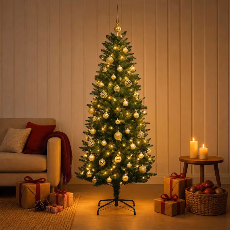 Albero di Natale artificiale con decorazioni a sfera, altezza 150 cm, 150 luci LED