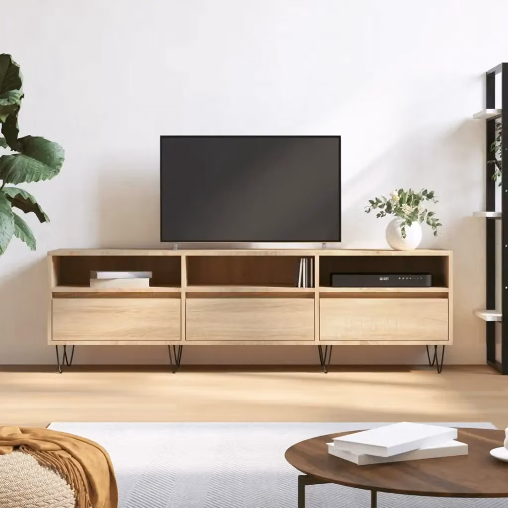 Mobile TV moderno in legno multistrato color rovere sonoma con dettagli in metallo, L 150 x P 30 x H 44,5 cm – 2