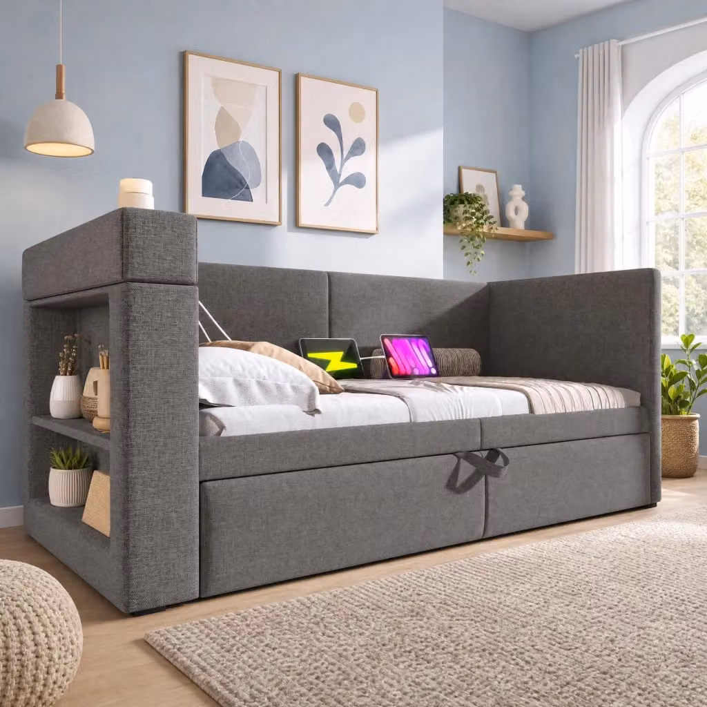 Daybed estraibile moderno in tessuto grigio con ricarica USB-C e scomparti laterali L/P/H: 217 x 90 x 200 cm – 2