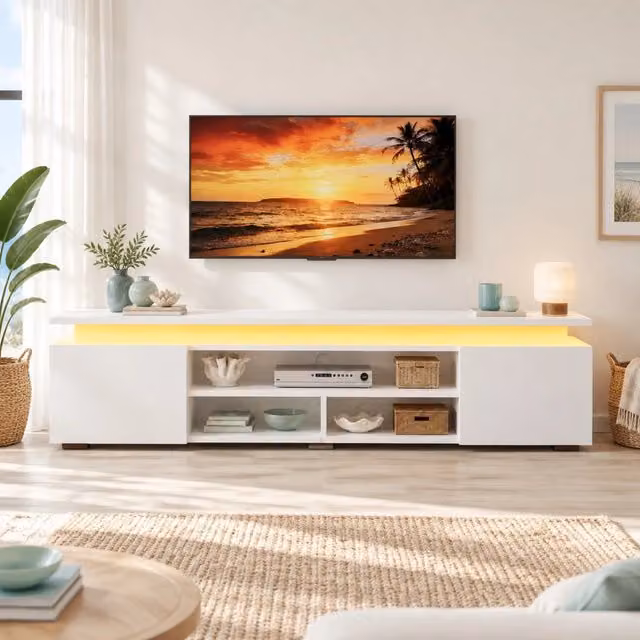 Mobile TV 180x35x42 cm in MDF bianco con LED RGB; 2 armadietti e 3 vani aperti
