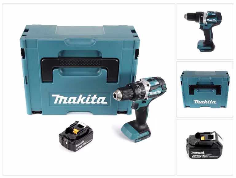 Makita DHP 484 T1J Trapano avvitatore con percussione a batteria 18V 54Nm + 1x Batteria 5,0 Ah + Valigetta Makpac - senza caricabatterie