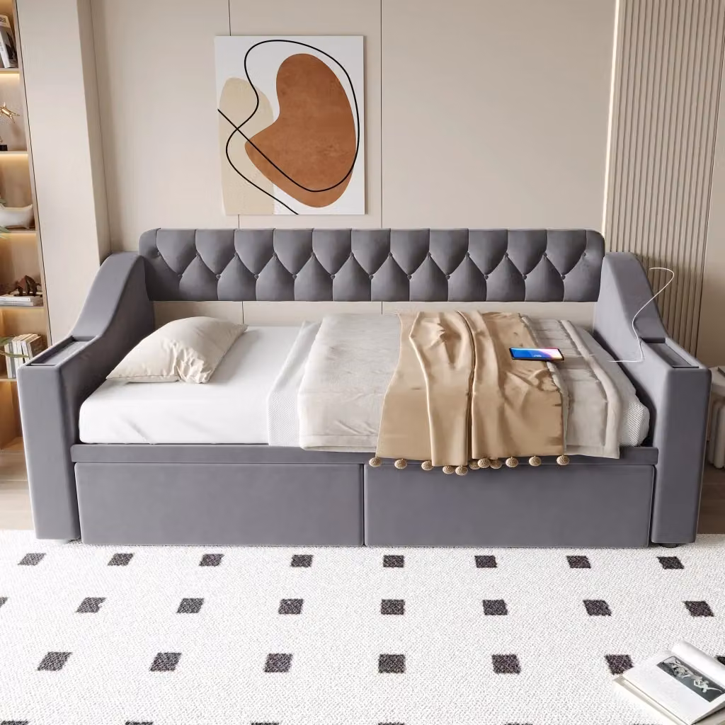 Letto divano singolo OKWISH in velluto grigio scuro con 2 cassetti, porte di ricarica USB e tipo C, L/P/H: 190 x 90 x 43 cm – 2