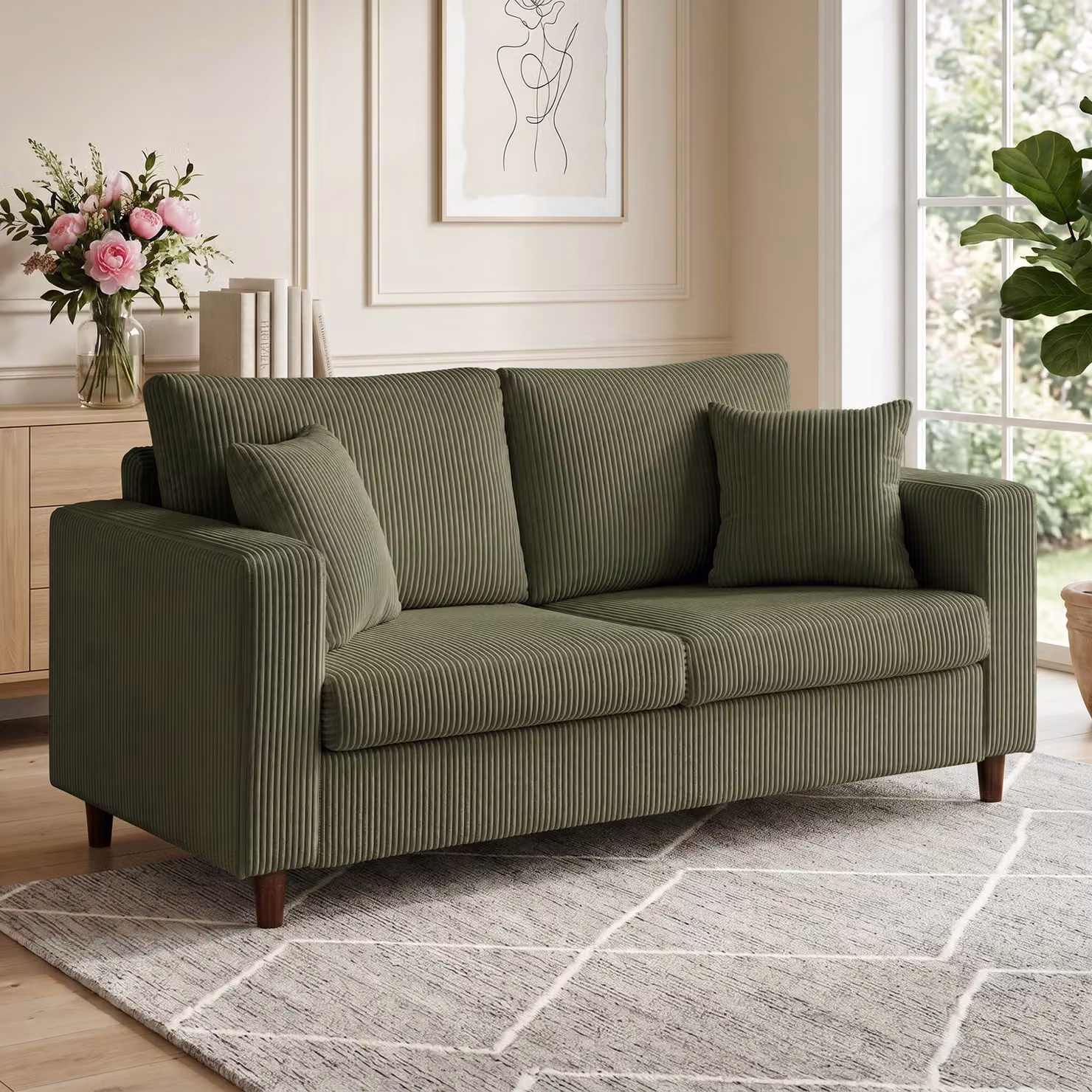 Divano 2 Posti HOMCOM in Velluto a Coste Verde con Seduta Ampia e Profonda, L: 170 cm, P: 80 cm, H: 82 cm – 2