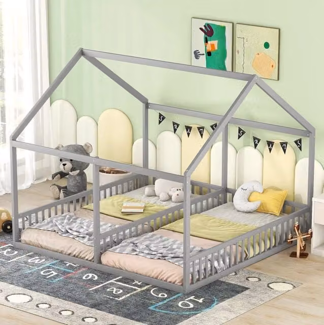 Letto doppio a casetta ULEVR 90x200 cm grigio con 2 posti affiancati e sponde di protezione