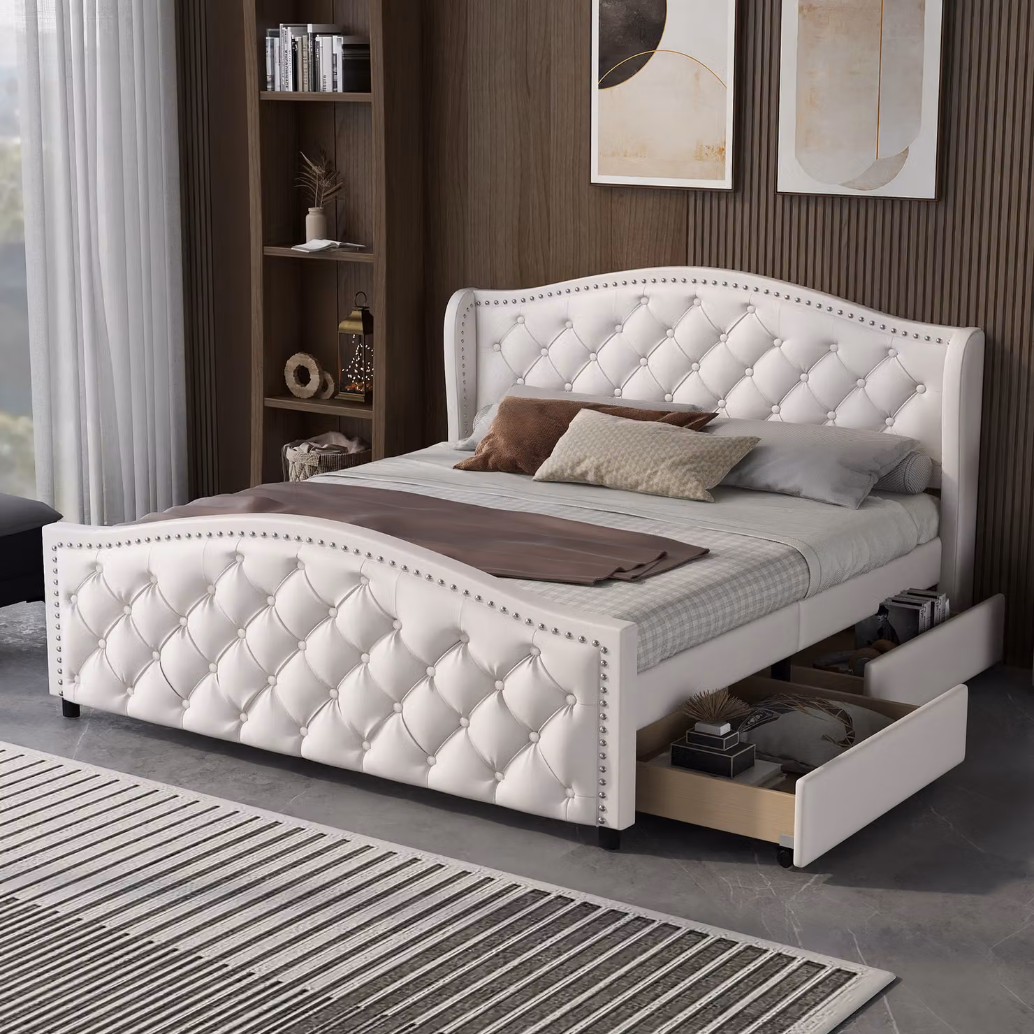 Flieks Letto imbottito 140x200 cm con contenitore, letto matrimoniale con rete a doghe e 2 cassetti, struttura letto in legno per ragazzi, contenitore, rivestito in pelle artificiale