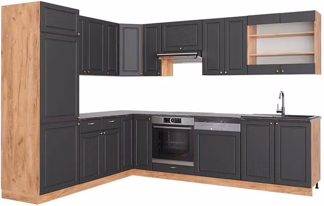 Cucina angolare completa Fame-Line Vicco in Rovere dorato e Antracite opaco, L: 287 cm, H: 227 cm