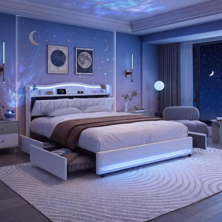 Letto contenitore INONEFT, 140x200 cm, letto con spazio contenitore, 4 cassetti, letto imbottito con LED e USB, struttura letto matrimoniale con rete a doghe, letto per ragazzi, in velluto