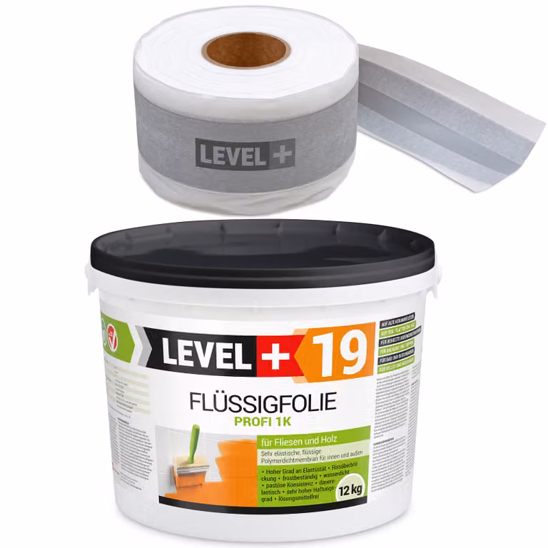 Kit di impermeabilizzazione: membrana liquida da 12 kg, nastro da 15 metri, per balconi e bagni. Modello LEVEL+ SET526