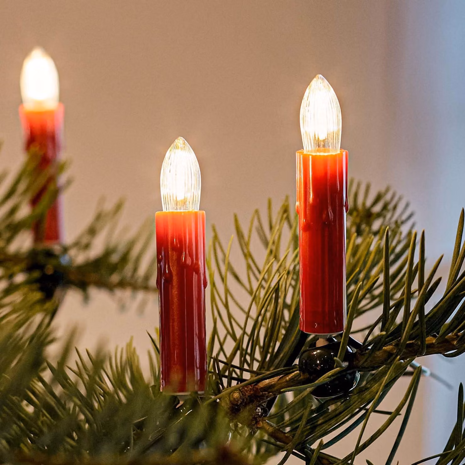 Catena di luci a LED a forma di candela, 30 luci, 20,3 metri, luce bianco caldo, colore rosso, per uso interno