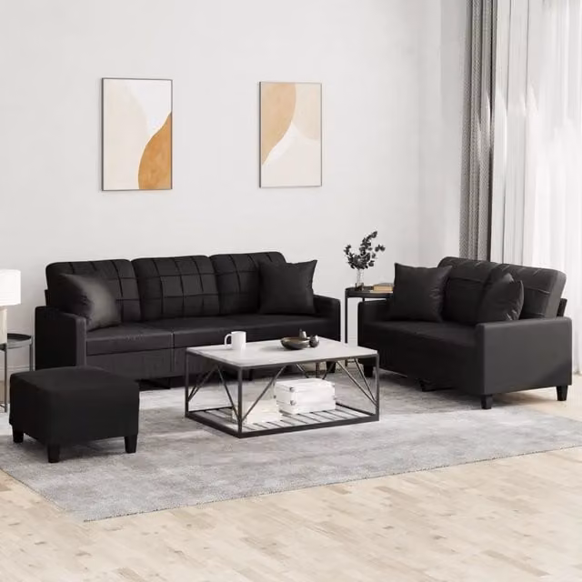 vidaXL Set di Divani Moderno in Similpelle Nero con Pouf e Cuscini per Soggiorno – 1