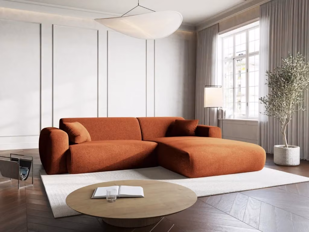 Divano angolare destro Nolio Cosmopolitan Design a 4 posti in ciniglia color arancione L: 235 cm, P: 170 cm, H: 72 cm – 2