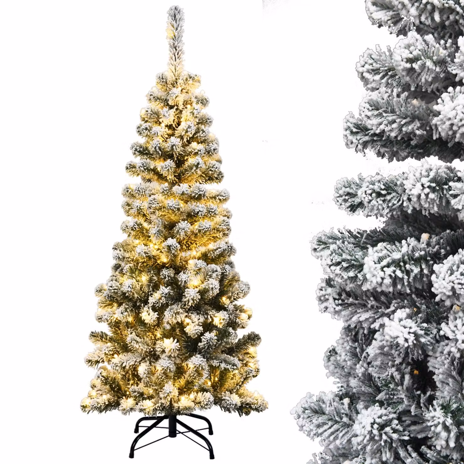 COSTWAY albero di Natale a matita 135cm, albero di Natale artificiale 242 aghi in PVC con neve, albero di Natale artificiale con 150 LED bianchi caldi e supporto in metallo