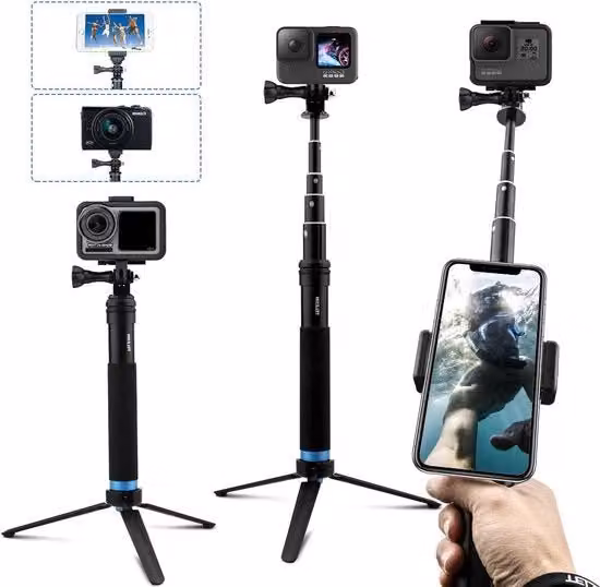 Stativo per selfie GoPro con treppiede telescopico in alluminio e clip per smartphone, colore nero