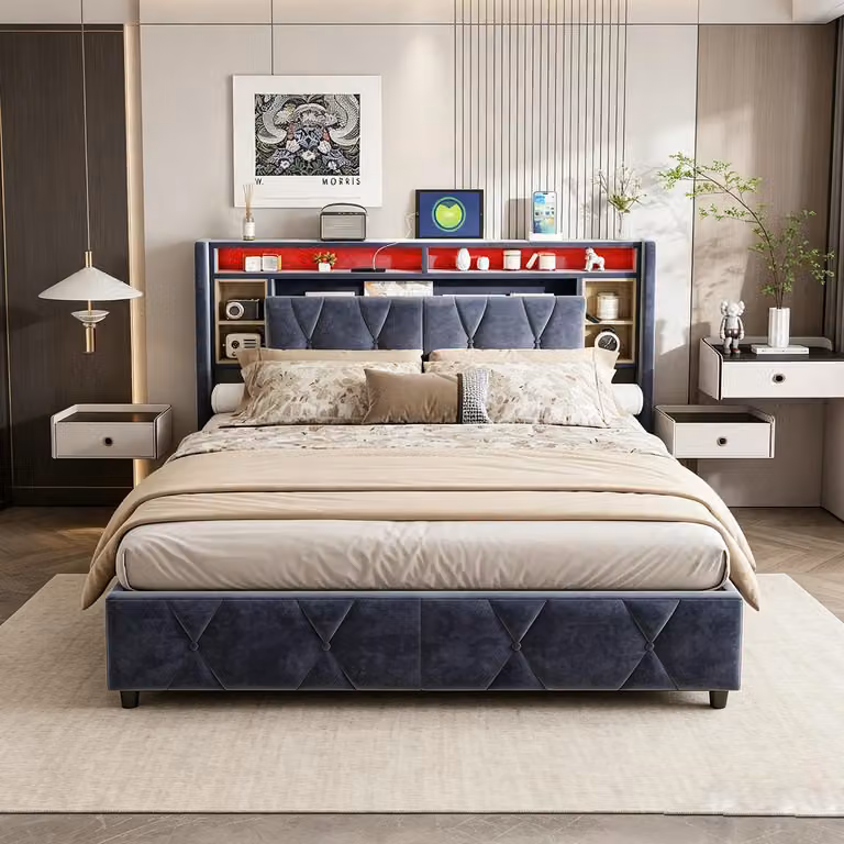 Letto matrimoniale con boxspring 140x200, con funzione di ricarica (USB e Type-C), letto imbottito per ragazzi con LED, letto matrimoniale con sistema di sollevamento idraulico, letto contenitore, rivestito in velluto, colore grigio.