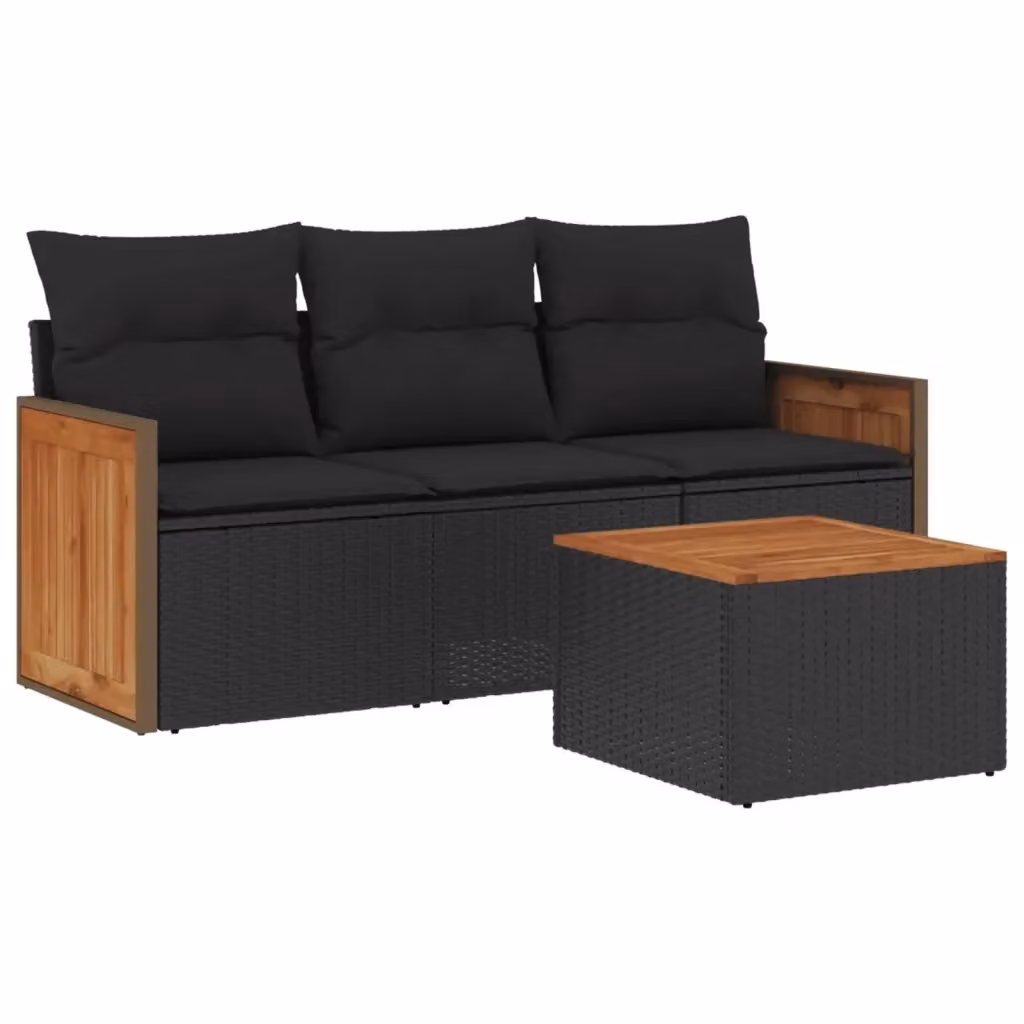 Set di divani da giardino vidaXL 4 pezzi in polyrattan nero con cuscini e tavolino da esterno – 2
