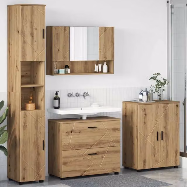 Set di mobili per il bagno 4 pezzi vidaXL in rovere marrone con illuminazione LED e design minimalista