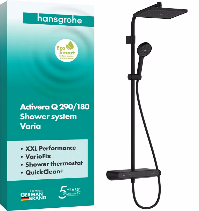 Sistema doccia Activera Q con termostato, tecnologia EcoSmart, finitura nero opaco