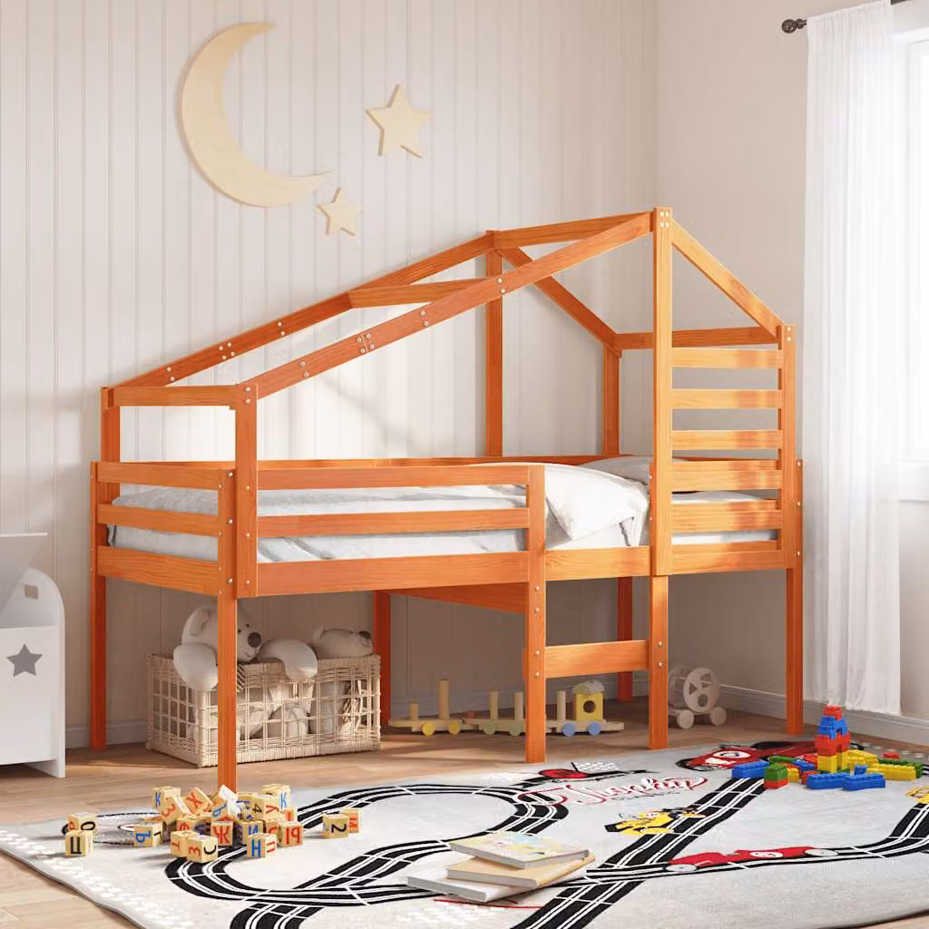 Letto a tetto per bambini vidaXL in legno massello di pino, colore marrone cera, L: 188 cm, P: 82 cm, H: 113 cm