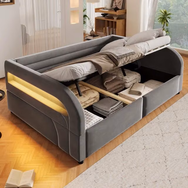 Letto imbottito con contenitore idraulico e LED, 140x200 cm, grigio
