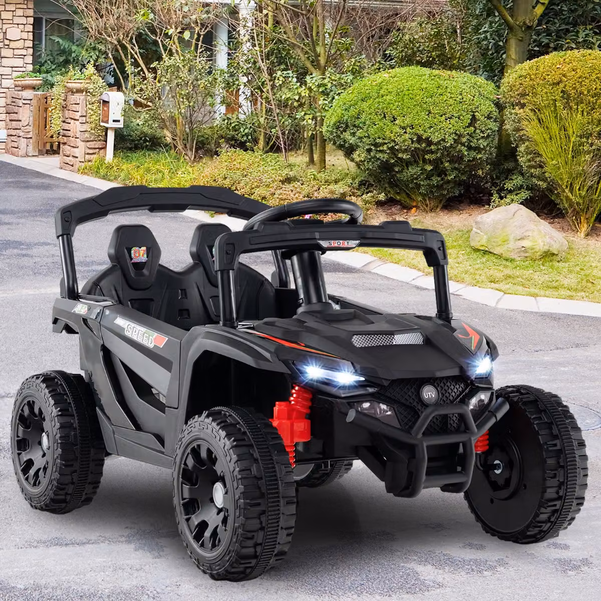 Auto elettrica 12V Costway per bambini, UTV fuoristrada con telecomando, luci LED e sospensioni, Nero