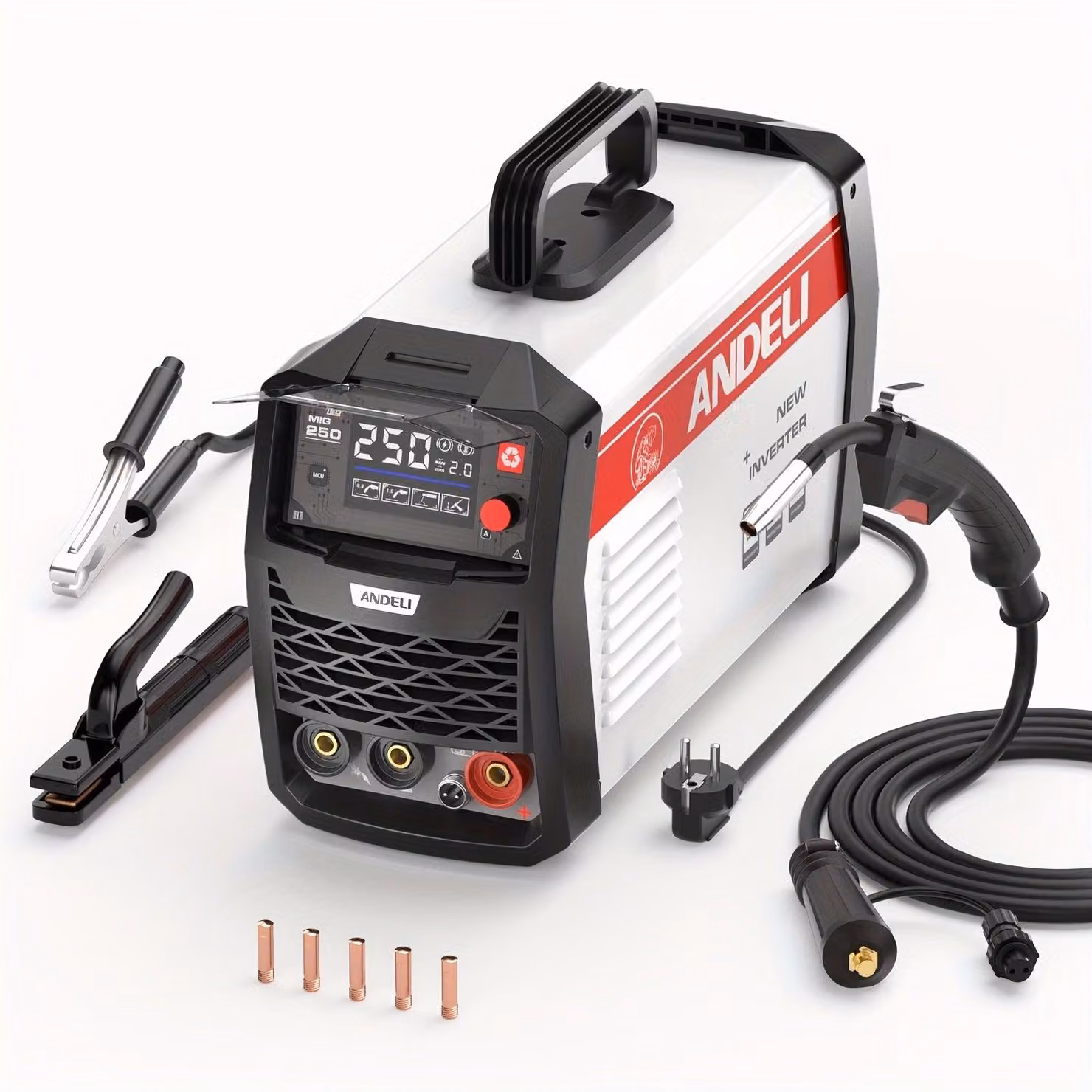 Apparecchio di saldatura – Saldatrice MIG, saldatrice TIG, saldatrice ad elettrodo, inverter, senza gas, display LED, compatta