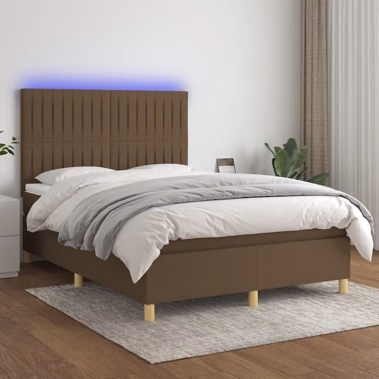 The Living Store Letto a molle con materasso e LED in tessuto marrone scuro 140x190 cm