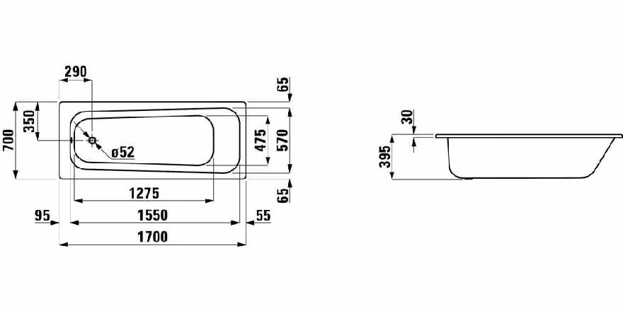 Laufen Moderna Plus - Vasca da incasso in acciaio 1700x700x395 mm, bianco H2251200000401