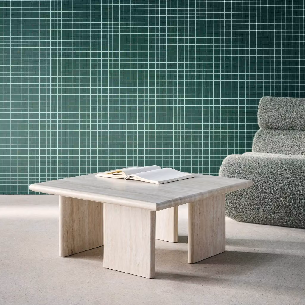 Tavolino quadrato moderno Sweeek in MDF laminato effetto legno e beige travertino opaco – 2