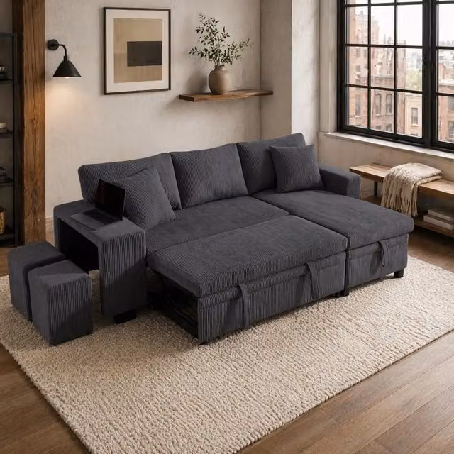 Divano letto angolare multifunzione 231 x 131;5 x 84 cm in tessuto corduroy grigio con USB e Type-C