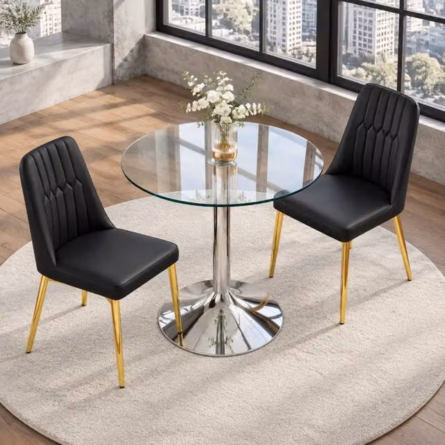Set tavolo da pranzo e sedie con 1 tavolo tondo e 2 sedie in vetro, metallo e pelle sintetica nero, oro e argento
