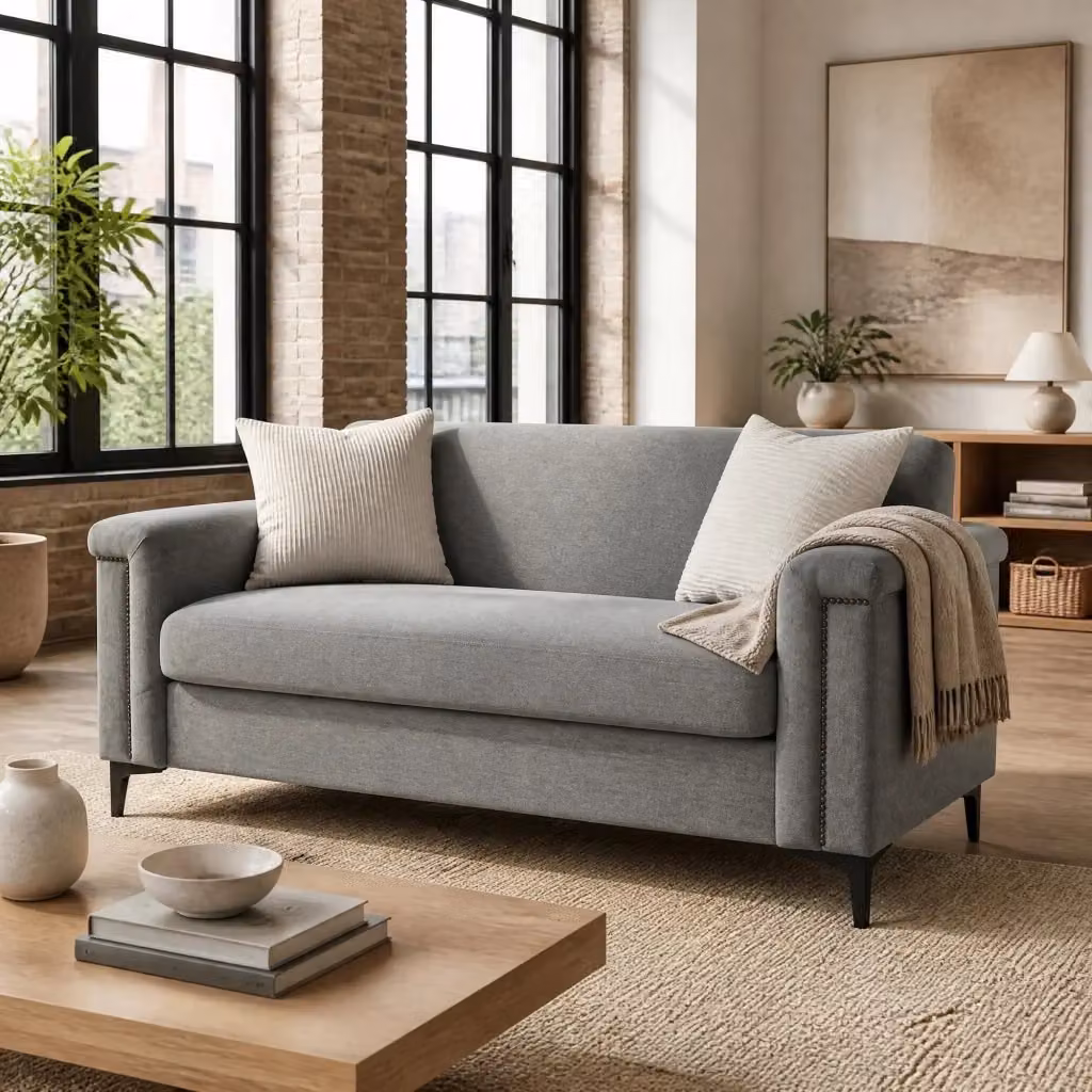 Divano a 2 posti MIVRAY in tessuto grigio con gambe in metallo e legno, L: 172 cm, P: 136 cm, H: 76 cm, H gambe: 15 cm – 2
