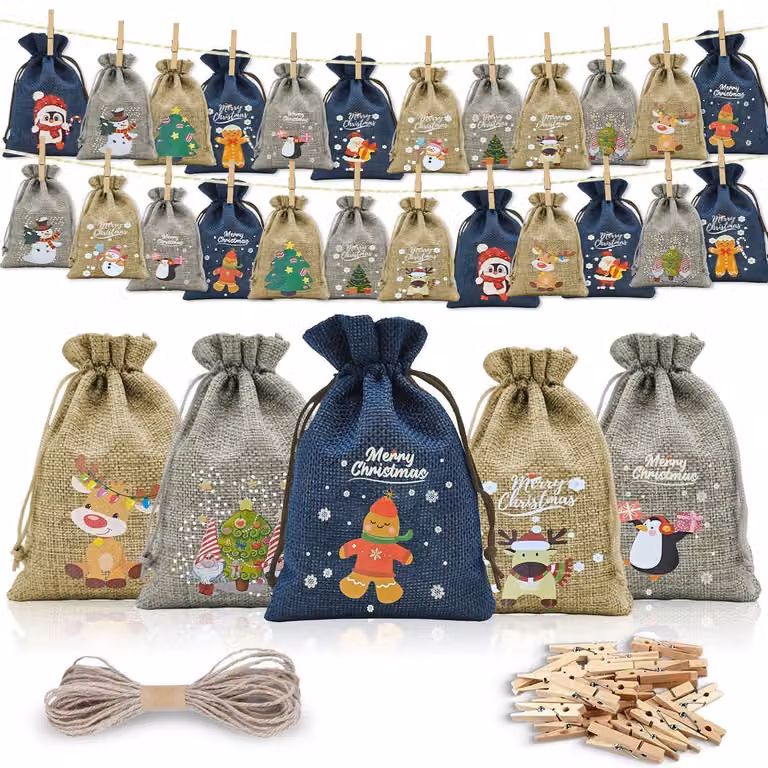 Calendario dell'Avvento da riempire, in tessuto, con 24 sacchetti, chiusure e corda. Dimensioni: 20 x 14 cm