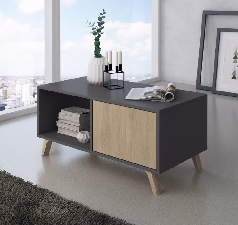 WIND Tavolino con porte, sala da pranzo, Grigio Antracite a Rovere, 92x50x45cm.