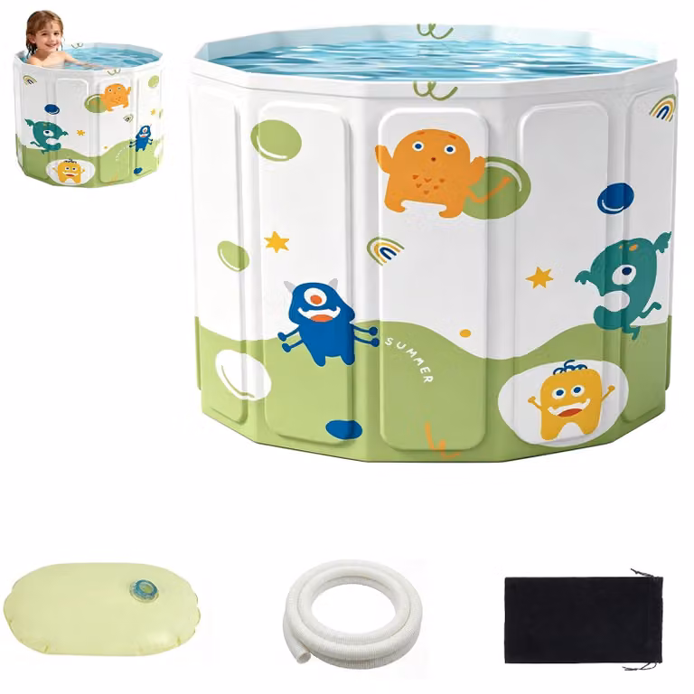 Vaschetta da bagno pieghevole con borsa portaoggetti e sistema di scarico, per bambini