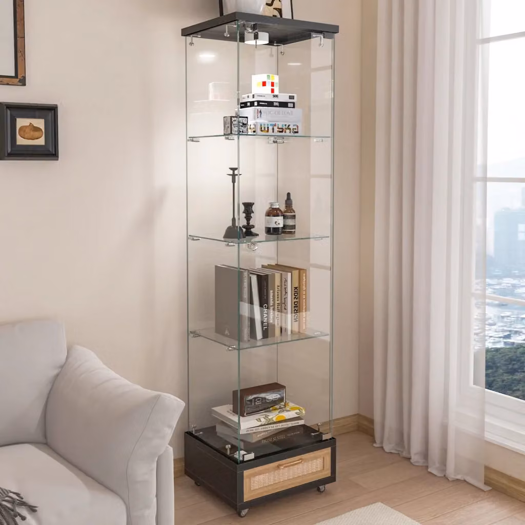Vetrina OKWISH moderna con LED, ante in vetro e cassetti, in MDF e vetro, nero, L: 42.5 cm, P: 36.5 cm, H: 167 cm – 2