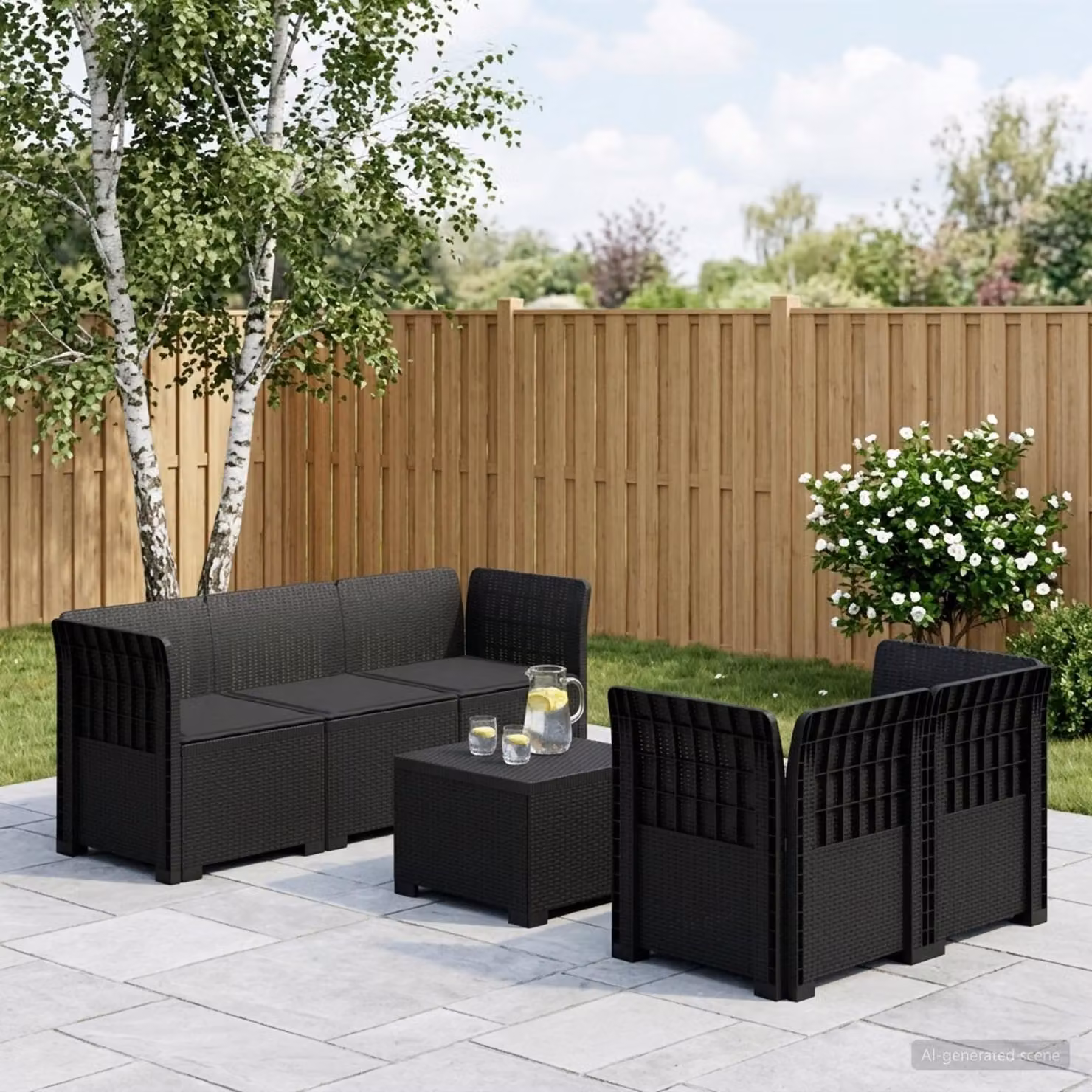 Set da giardino vidaXL a forma di L con divano da 3 posti, elementi angolari, tavolino da caffè e cuscini in antracite e nero in stile rattan moderno