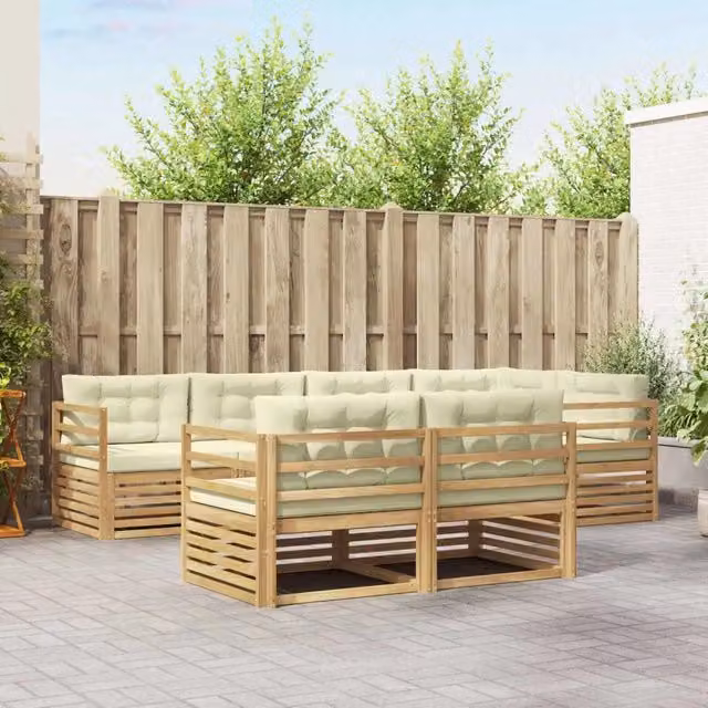 Set di divani da esterno a L vidaXL in legno di acacia con cuscini Bianco e Beige