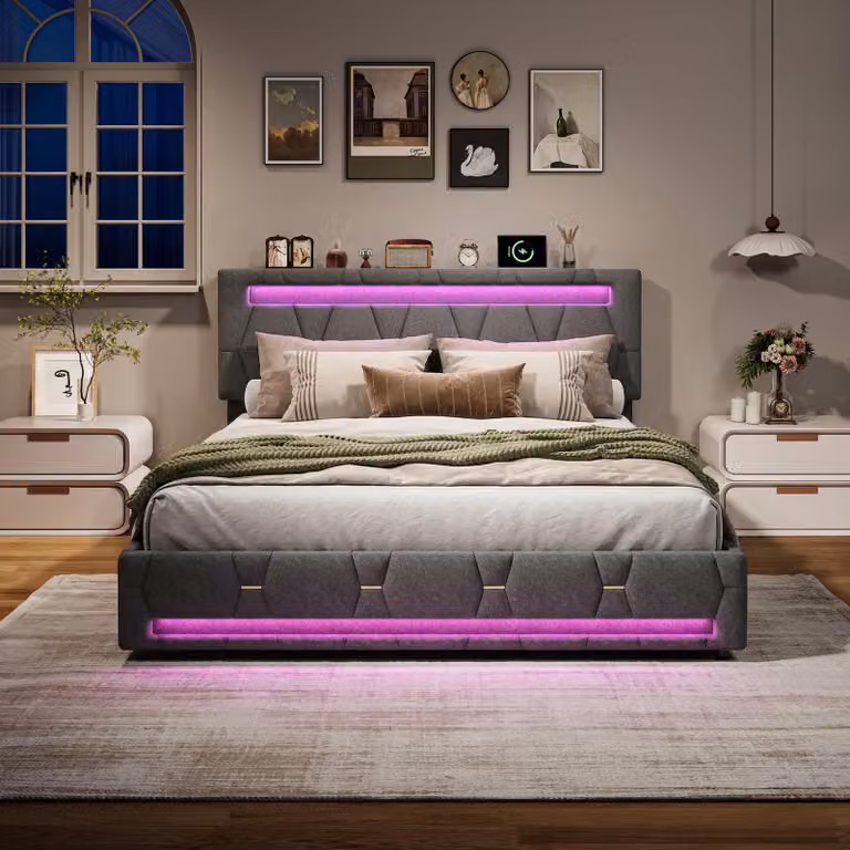 Letto imbottito ProximaX 140x200 cm grigio – Letto matrimoniale con LED RGB, controllo tramite app, 4 cassetti, testiera regolabile in altezza, vano portaoggetti